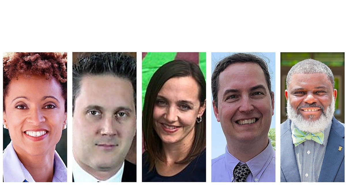 Incumbent Rani Dasi (from left) and challengers Andrew Davidson, Jillian La Serna, Ashton Powell and Deon Temne are running for four Chapel Hill-Carrboro School Board seats.