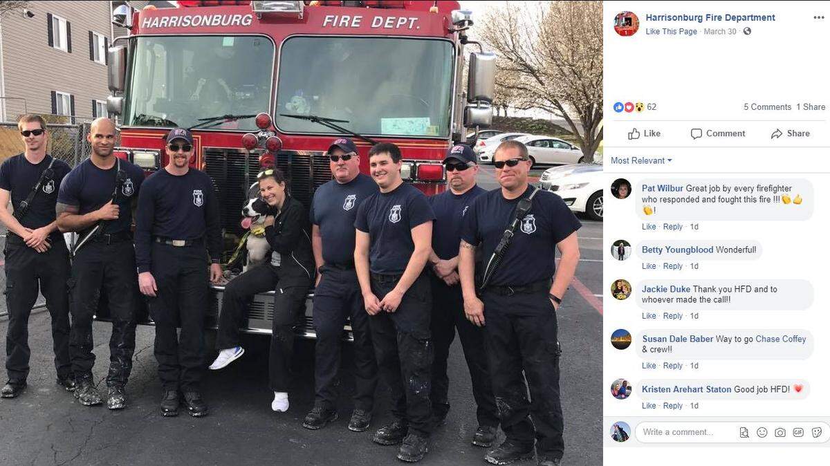 Rebel the dog was found two days after a fire destroyed his owner’s apartment building, according to firefighters in Harrisonburg, Virginia.