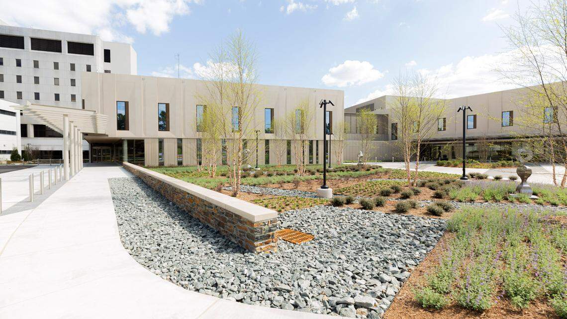 The entrance to the emergency department, left, and Duke Behavioral Health Center North Durham at Duke Regional Hospital.