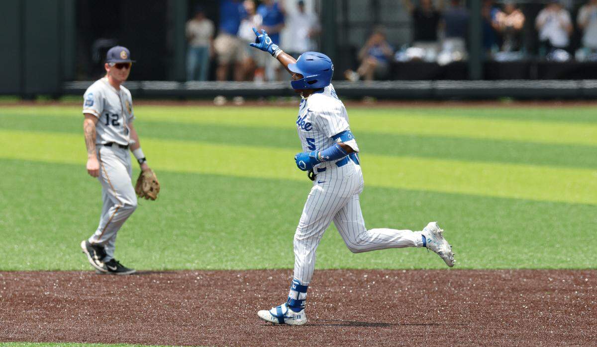 Duke’s Kyle Johnson (5) celebrates a two-run home run in the third inning during Duke’s game against Murray St. in the first game of Durham Super Regional at Jack Coombs Field in Durham, N.C., Sat. June 7, 2025.