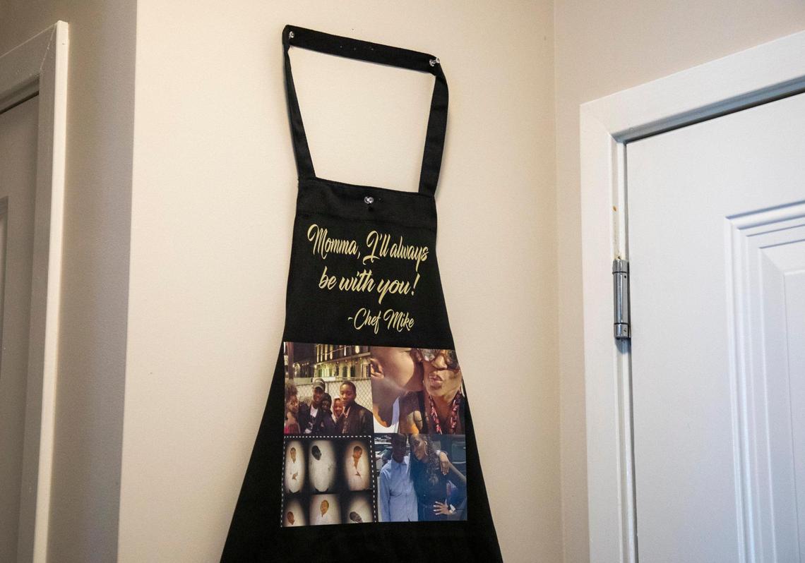 Kenita Stubbs said a friend ordered this apron for her that reads, ÒMama, IÕll always be with you! Ð Chef MikeÓ to commemorate her 15-year-old son Michael Harris who dreamed of becoming a chef but was fatally shot early Sunday morning, Aug. 23, 2020, in Durham, N.C., on Thursday, Sep. 3, 2020, in Morrisville, N.C.
