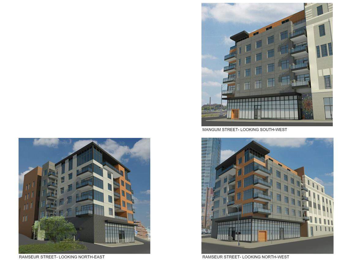 Renderings of the potential design for the Kress Condos proposed for 124 W. Ramseur Street in downtown Durham.
