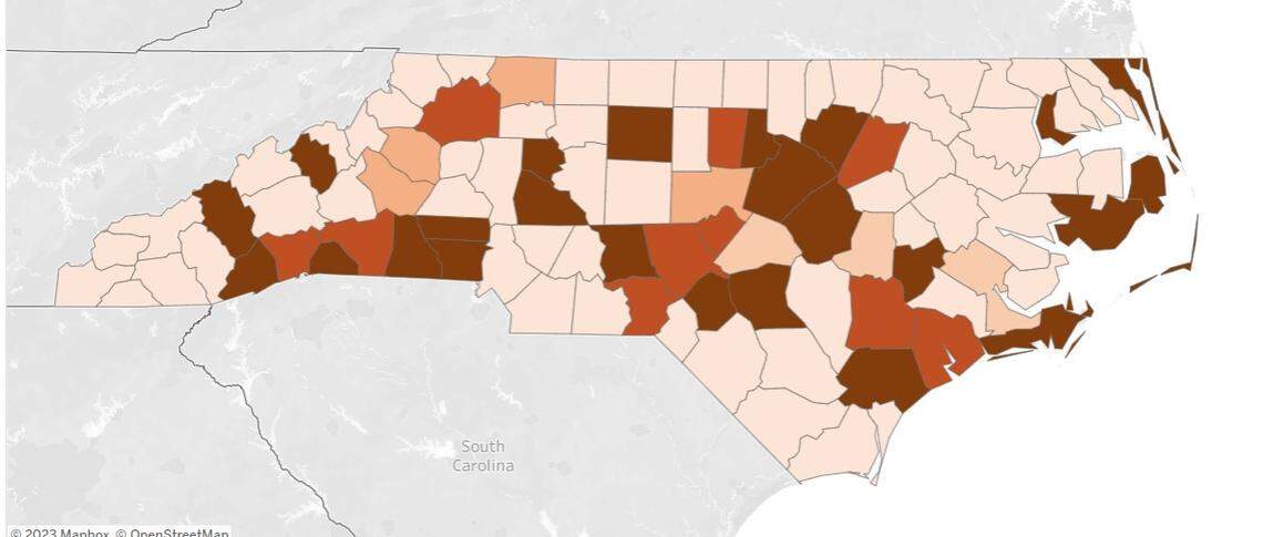 A new dashboard from the U.S. Department of Health and Human Services’ Office of Climate Change and Health Equity and Department of Transportation’s National Highway Traffic Safety Administration shows EMS health health data nationwide. This map from August 5 to August 18, 2023, shows the Triangle saw a high rate of 911 calls for heat-related illness.