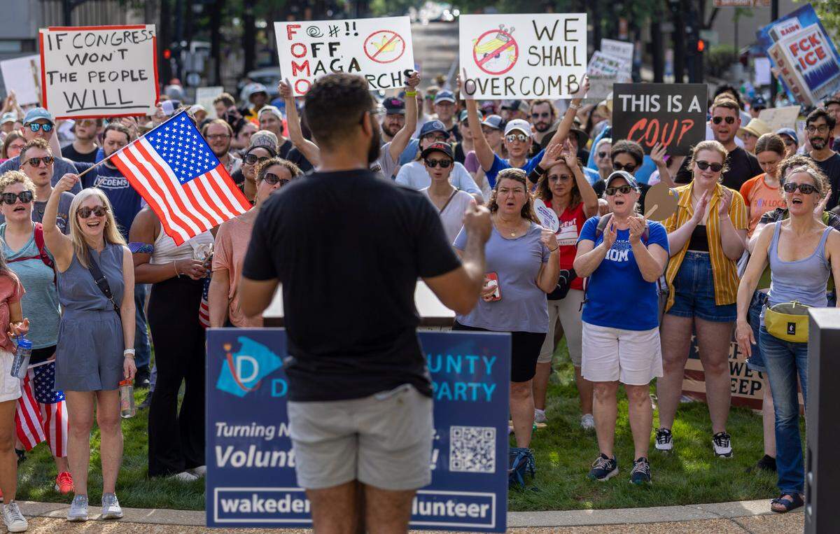 Wesley Knott addresses the crowd during the “No Kings” rally at the North Carolina State Capital on June 14 in Raleigh. There are several No Kings protests scheduled for the Triangle on Oct. 18.