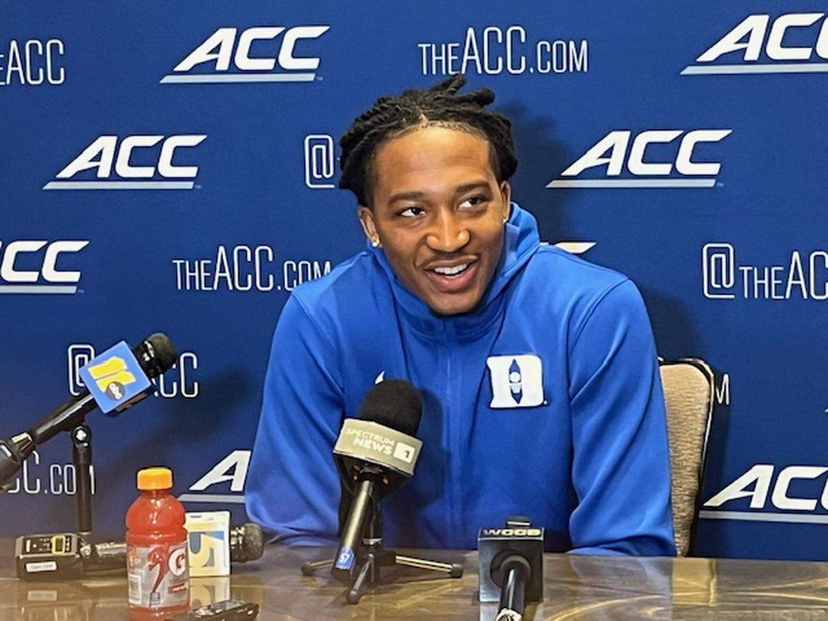 Duke forward Maliq Brown enjoying answering media questions at the 2025 ACC Tipoff in Charlotte on Oct. 8, 2025.