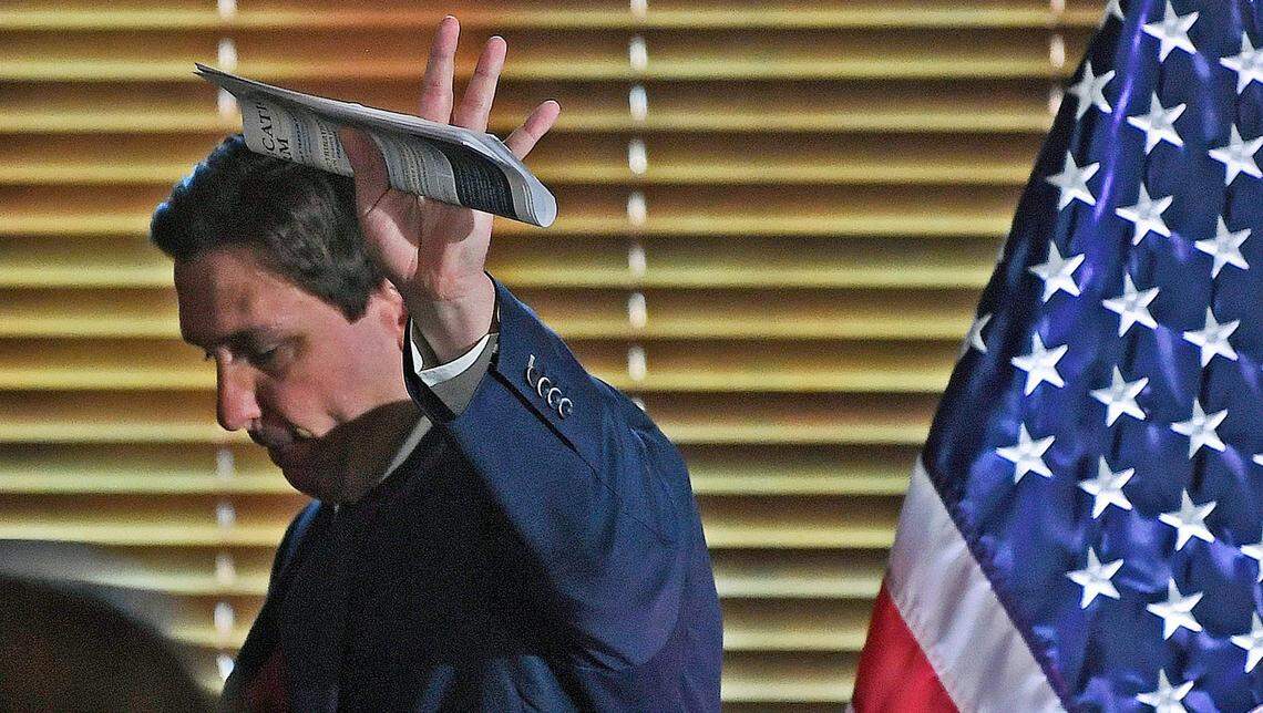 Gov. Ron DeSantis waves after a bill signing of legislation impacting the state’s colleges and universities on May 15 at Sarasota’s New College of Florida.