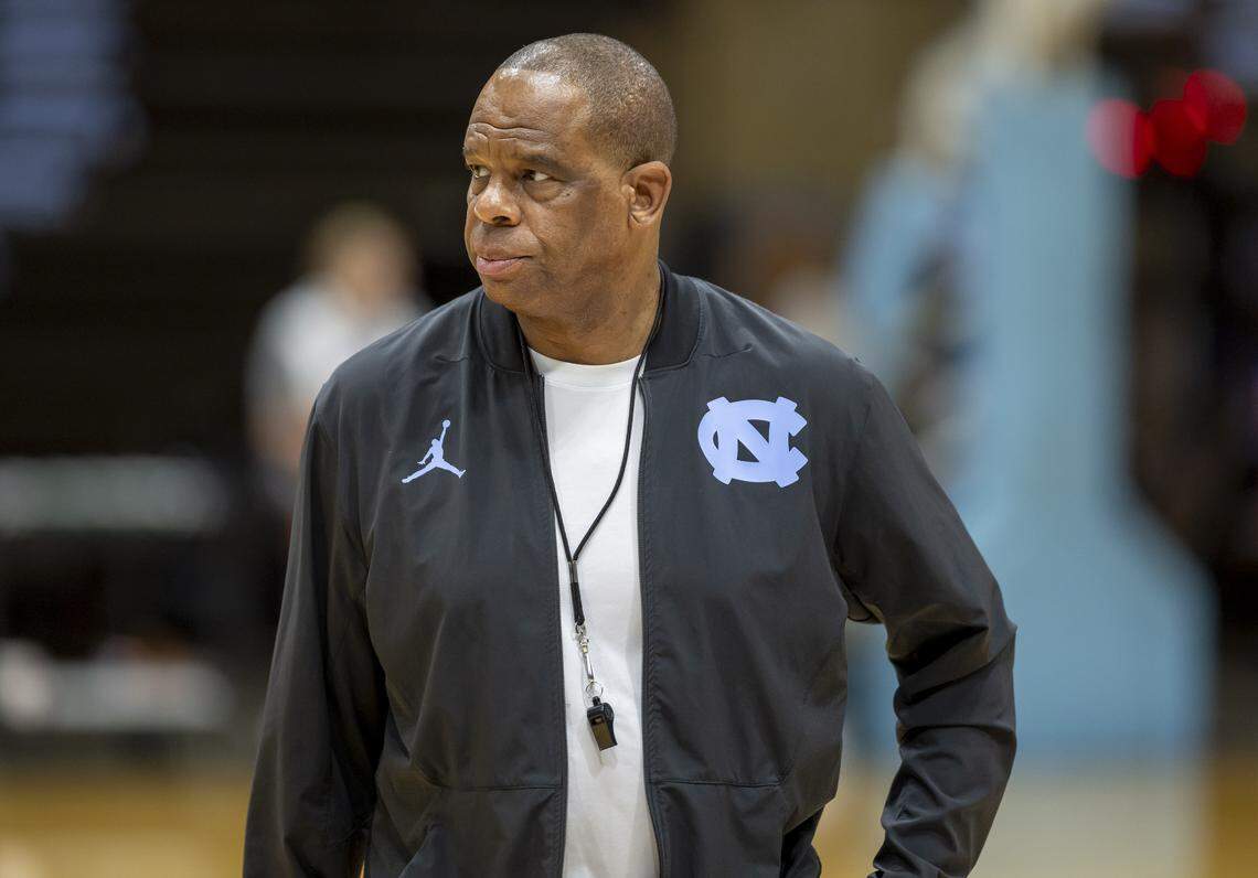 North Carolina coach Hubert Davis watches his players during practice on Thursday, October 9. 2025 at the Smith Center in Chapel Hill, N.C.