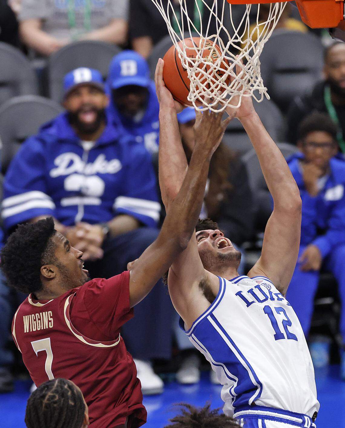 Duke’s Cameron Boozer is fouled by Florida State's Chauncey Wiggins during the first half of the Blue Devils’ ACC Tournament quarterfinal game on Thursday, March 12, 2026, at the Spectrum Center in Charlotte, N.C. 
