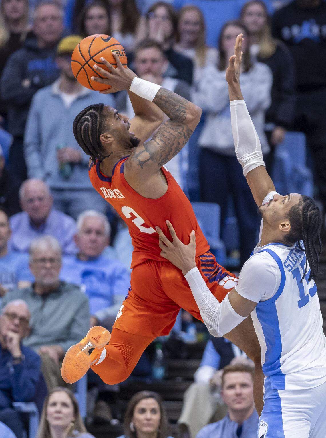 North Carolina forward Jarin Stevenson (15) defends Clemson guard Dillon Hunter (2) in the second half on Tuesday, March 3, 2026 at the Smith Center in Chapel Hill, N.