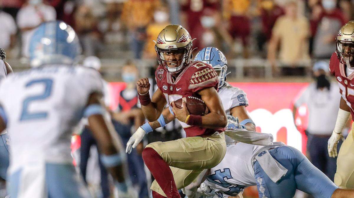 FSU quarterback Jordan Travis (13) against UNC in 2020