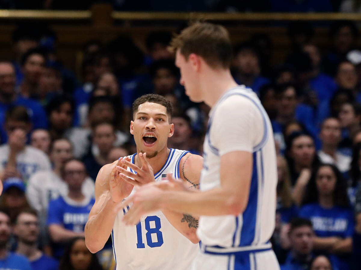 Duke’s Mason Gillis reacts following a defensive stop during the first half of the Blue Devils’ 68-47 win over George Mason on Tuesday, Dec. 17, 2024, at Cameron Indoor Stadium in Durham, N.C.