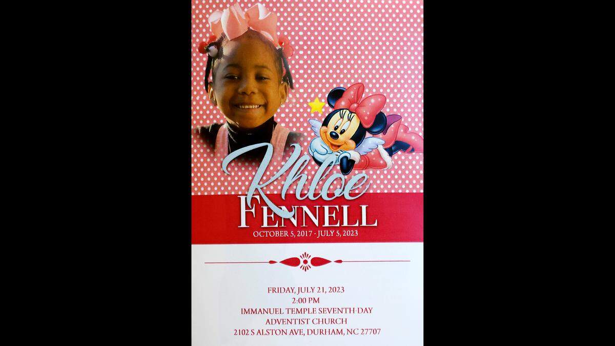 The front of the program for the funeral of Khloe Fennell. Fennell, 5, was killed by gunfire on July 5th.