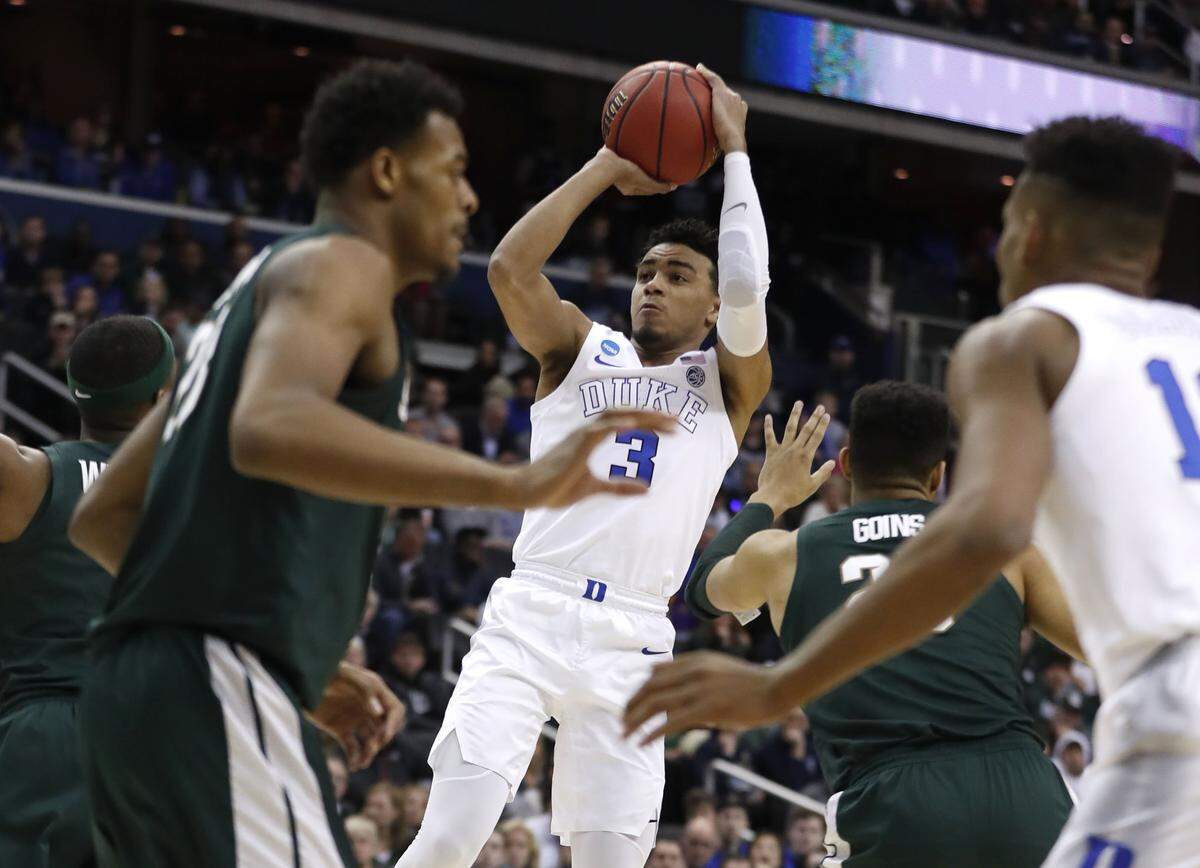 Duke’s Tre Jones (3) shoots during the first half of Duke’s game against Michigan State in their NCAA Elite 8 game in Washington, D.C., Sunday, March 31, 2019.