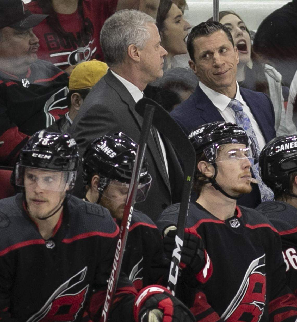 Carolina Hurricanes coach Rod Brind’Amour confers with assistant coach Jeff Daniels during the first period of Game 3 of the Eastern Conference finals on Tuesday, May 14, 2019 at PNC Arena in Raleigh, N.C.