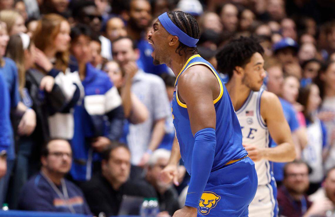 Pittsburgh’s Blake Hinson (2) celebrates after hitting a three-pointer during the second half of Pitt’s 80-76 victory over Duke at Cameron Indoor Stadium in Durham, N.C., Saturday, Jan. 20, 2024.