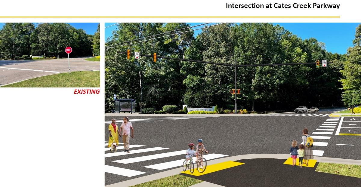 Left turns into and out of Cates Creek Parkway and Lafayette Drive in Hillsborough are difficult now because traffic on South Churton Street (Old N.C. 86) does not stop. A proposed traffic light could improve driving conditions and make it safer for pedestrians.