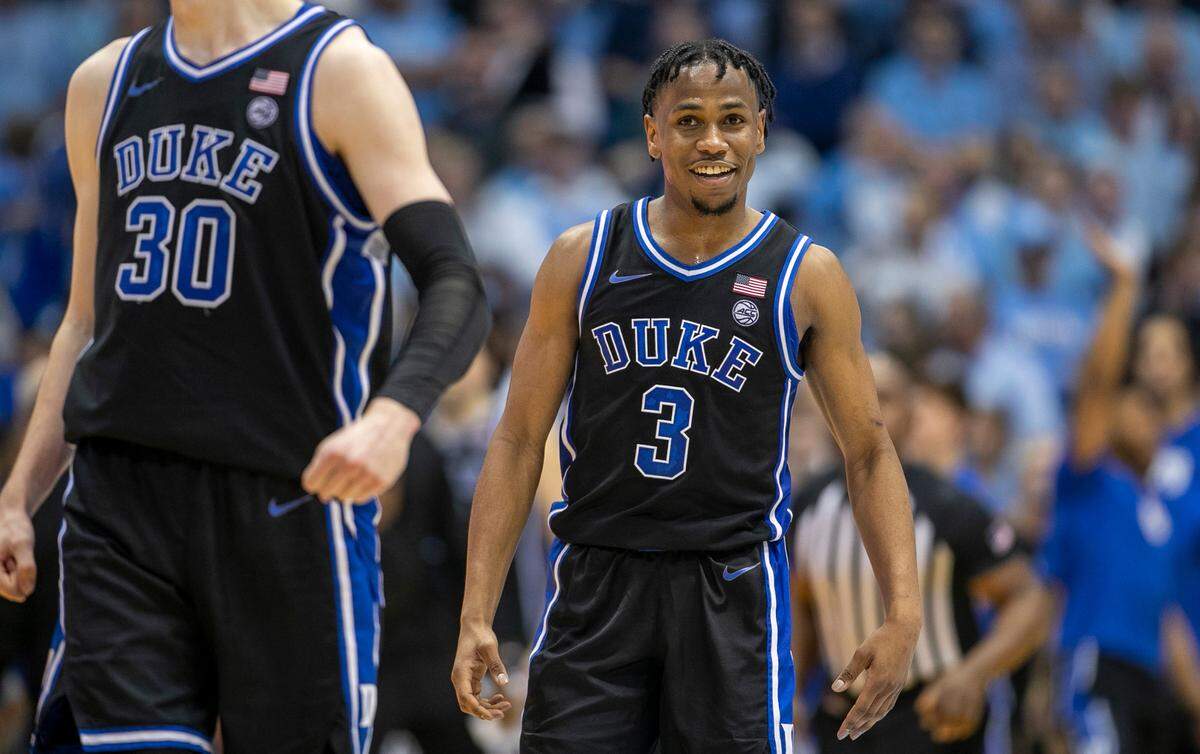 Duke’s Jeremy Roach (3) watches as the final seconds expire, securing the Blue Devil’s 67-52 victory over North Carolina on Saturday, March 4, 2023 at the Smith Center in Chapel Hill, N.C.