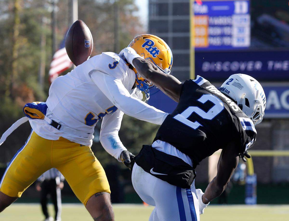 Pittsburgh’s Donovan McMillon breaks up a pass intended for Duke’s Sahmir Hagans during the second half of the Blue Devils’ 30-19 win on Saturday, Nov. 25, 2023, at Wallace Wade Stadium in Durham, N.C.