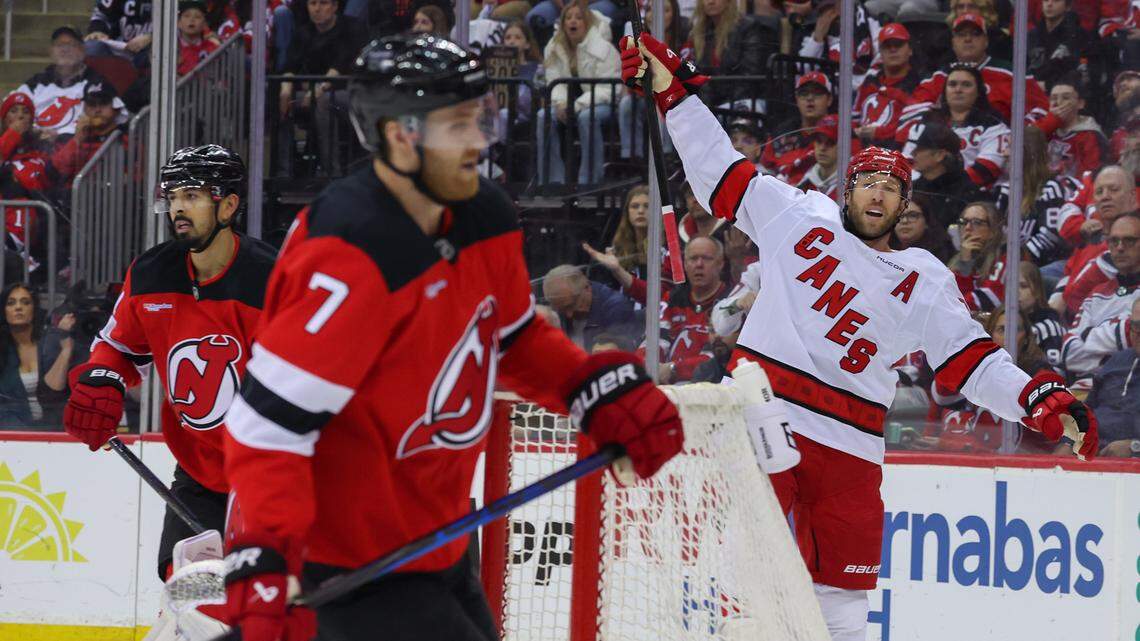 Carolina Hurricanes defenseman Jaccob Slavin (74) celebrates his goal against the New Jersey Devils during the first period in game four of the first round of the 2025 Stanley Cup Playoffs at Prudential Center.