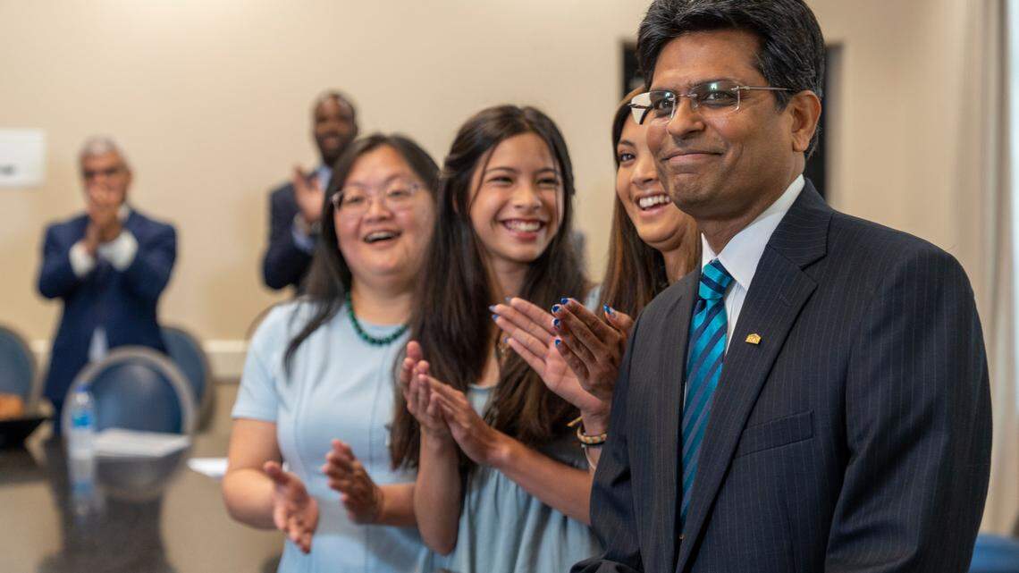 Dr. Aswani Volety celebrates with family, cabinet members and Board of Trustees as Board of Governors voted him as the next Chancellor of UNCW during their meeting May 26, 2022.