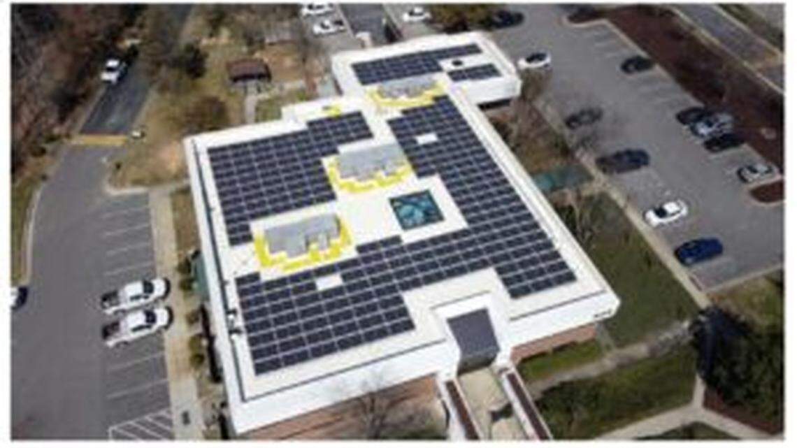 Eagle Solar and Light’s installed rooftop solar leases in North Carolina include this 100 kilowatt system, on top of the Orange County Water and Sewer Authority’s administration building. A N.C. Senate bill would lift a cap on solar leasing in North Carolina, a step industry officials hope would lead to residential programs.
