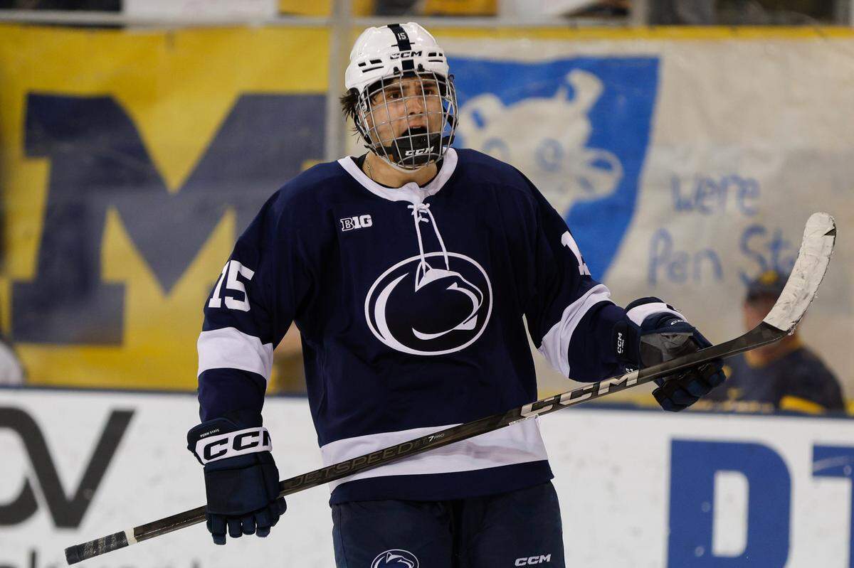 Penn State forward Charlie Cerrato (15) celebrates a penalty goal in the third period at Yost Ice Arena.