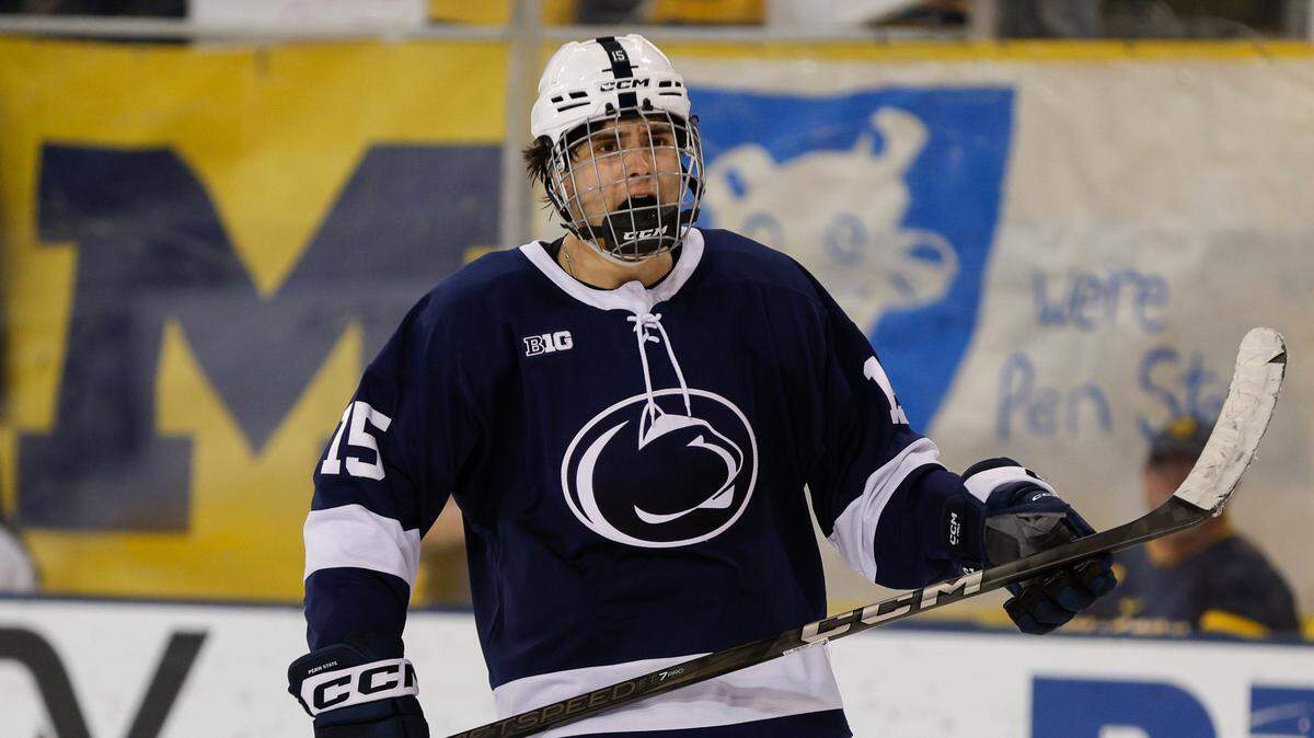 Penn State forward Charlie Cerrato (15) celebrates a penalty goal in the third period at Yost Ice Arena.