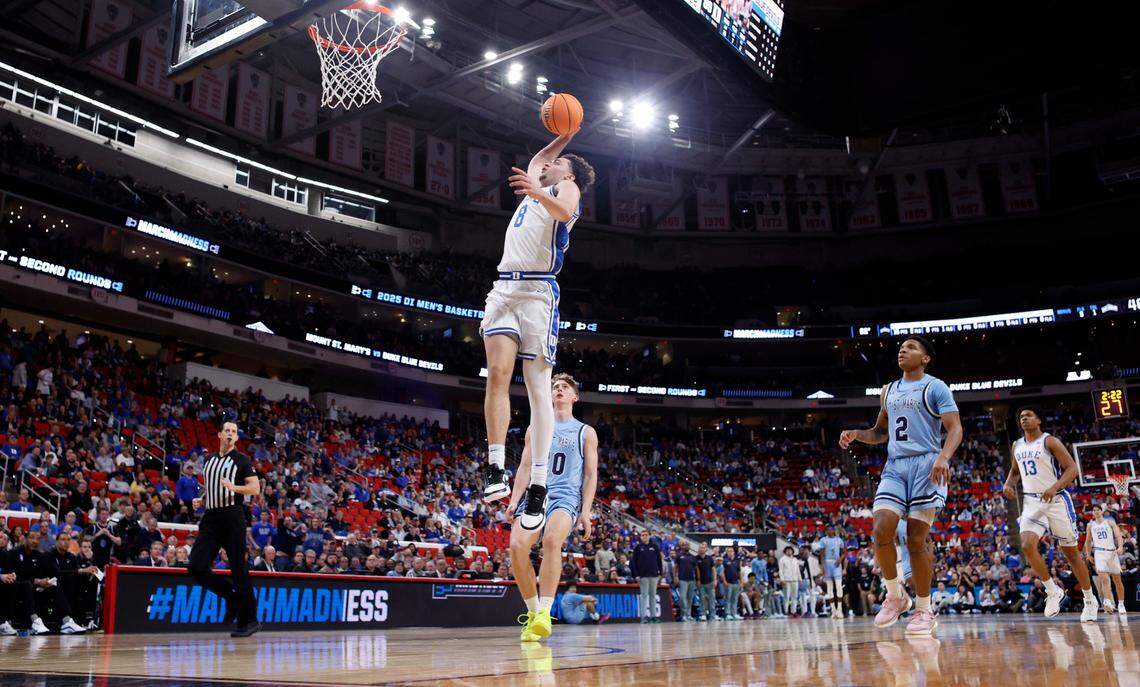 Duke’s Darren Harris (8) heads to slam in two during Duke’s 93-49 victory over Mount St. Mary’s in the first round of the 2025 NCAA Men’s Basketball Tournament at the Lenovo Center in Raleigh, N.C., Friday, March 21, 2025.