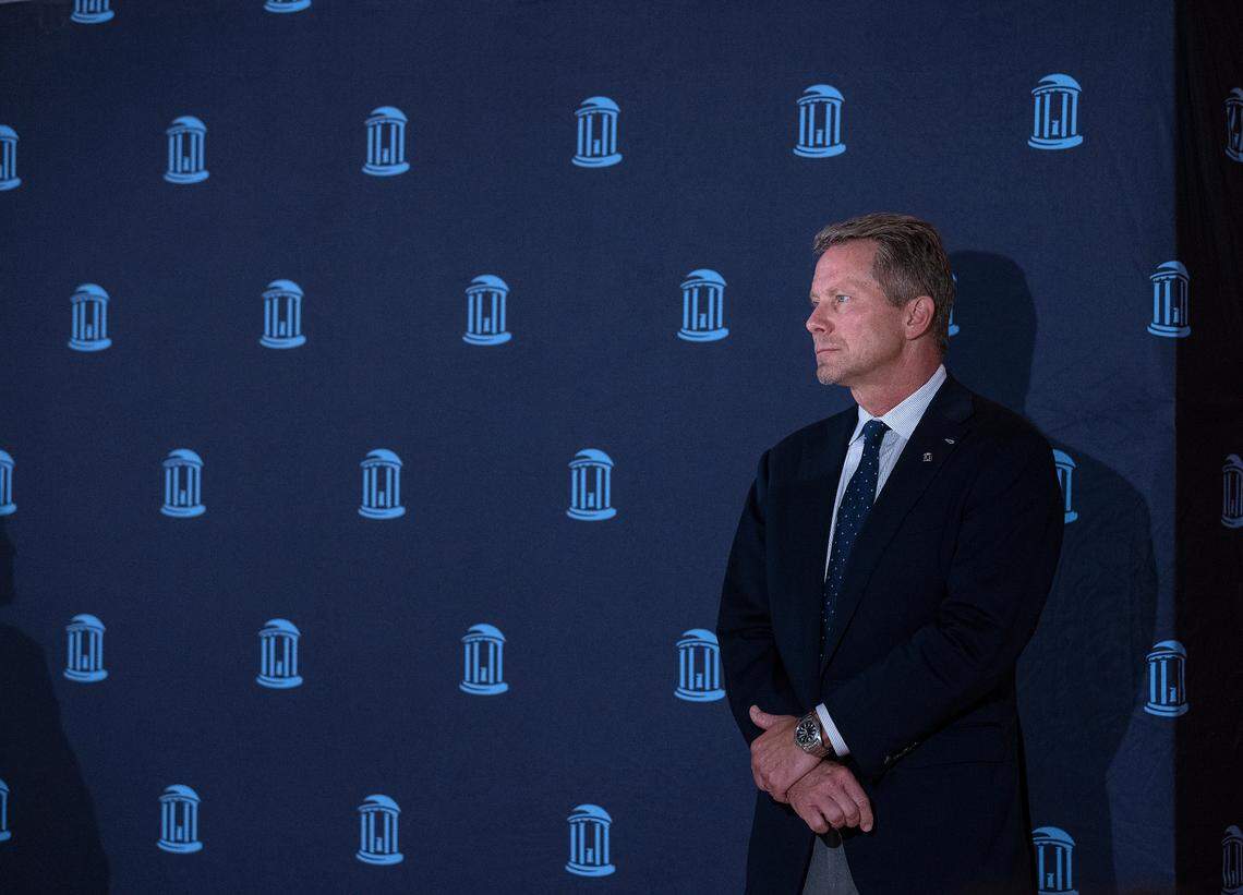 UNC-Chapel Hill Chancellor Kevin Guskiewicz listens during a press conference at Gerrard Hall in Chapel Hill, N.C. on Wednesday, Sept. 13, 2023.
