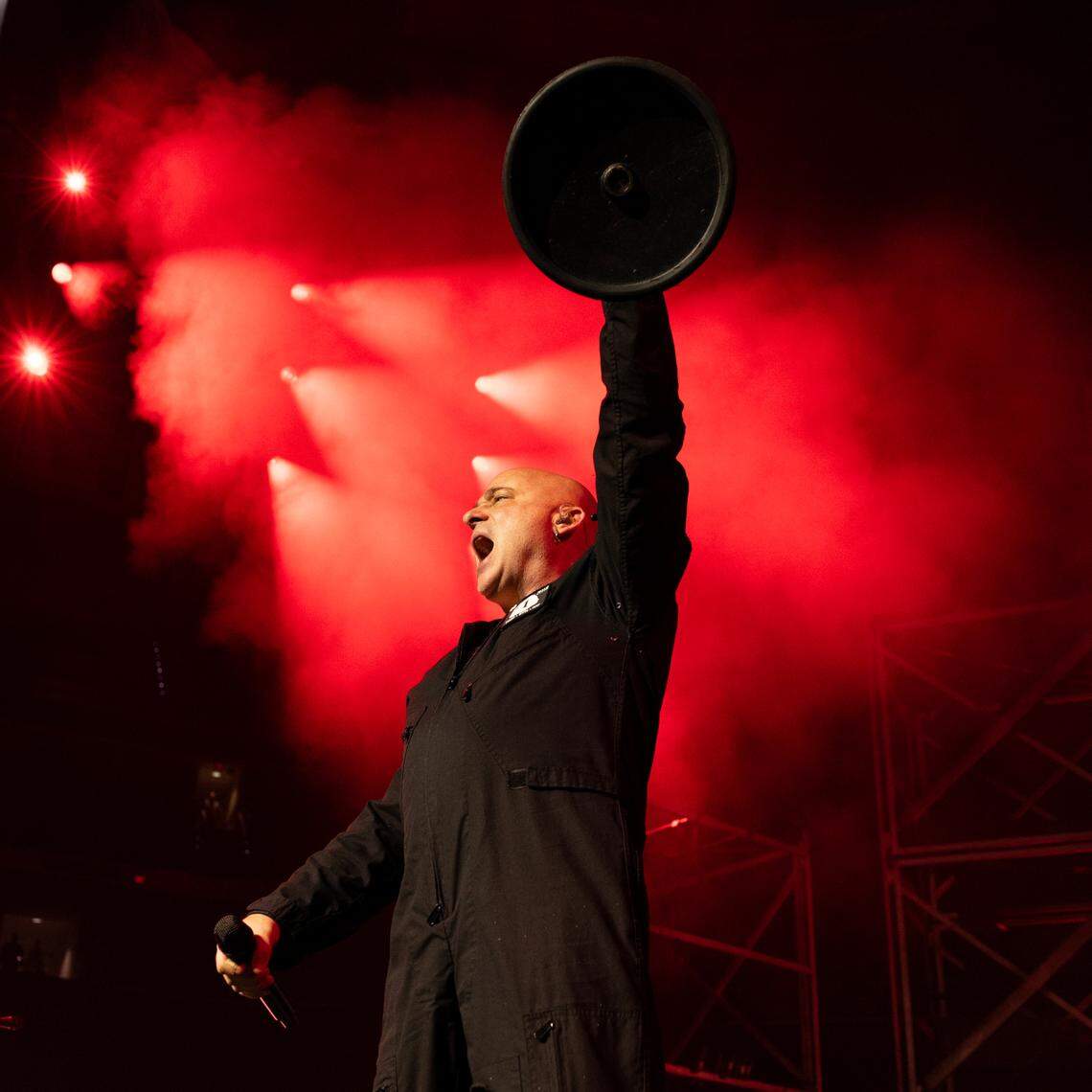 Dark metal band Disturbed in concert at Raleigh, N.C.’s Lenovo Center, April 14, 2025.