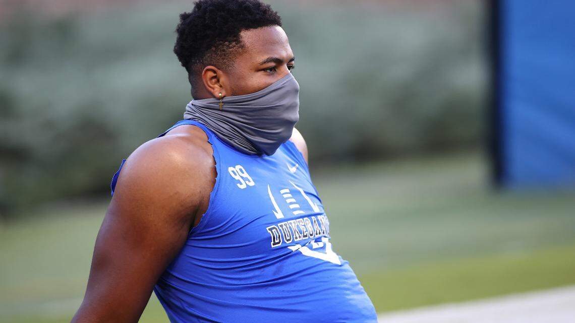 Duke Blue Devils defensive tackle Christian Rorie (99) rests prior to the game against the Charlotte 49ers at Wallace Wade Stadium in 2020.