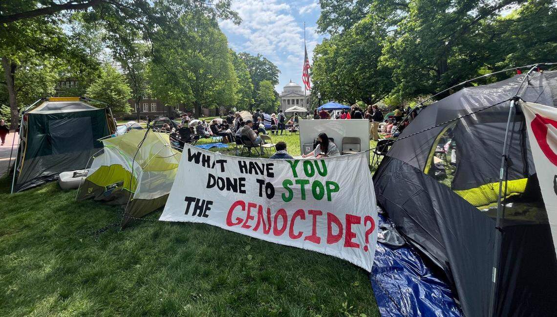 Students and others pitched tents on the campus of UNC-Chapel Hill Friday, protesting Israel’s actions in the Gaza Strip and forming an encampment similar to others formed on college campuses nationwide.