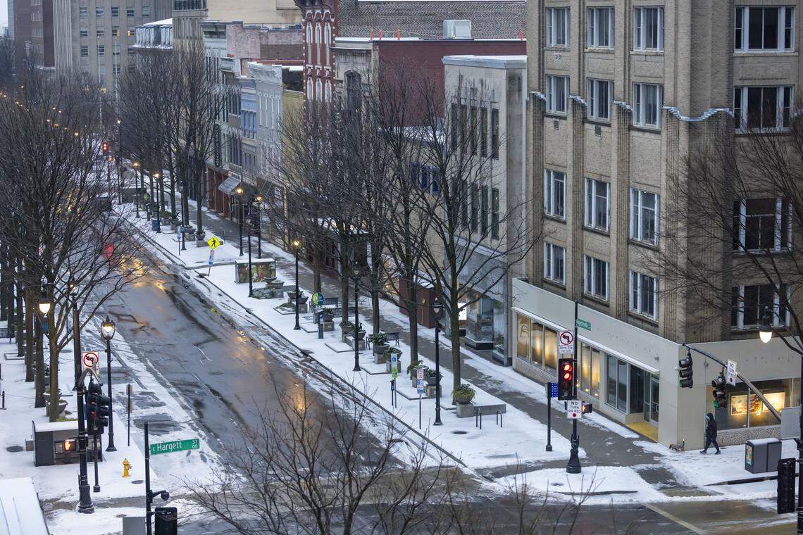Fayetteville Street in downtown Raleigh is mostly clear early on Monday, January 26, 2026,  after winter storms moved through the Triangle over the weekend. 