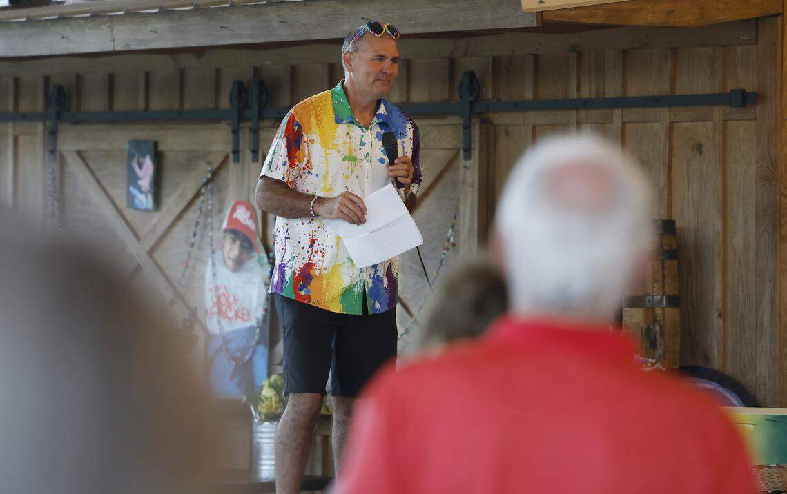 Tim Ketchie eulogizes his son Grayson during a celebration of him at Phillips Farm in Cary, N.C., Saturday evening, April 25, 2026. Grayson, the famous and beloved N.C. State superfan, died a little over two months ago after an ongoing battle with chronic pneumonia and lifelong health challenges.&nbsp;