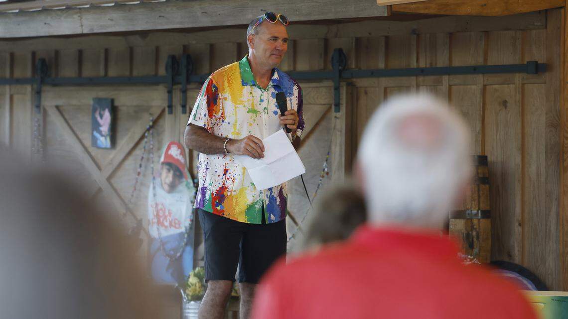 Tim Ketchie eulogizes his son Grayson during a celebration of him at Phillips Farm in Cary, N.C., Saturday evening, April 25, 2026. Grayson, the famous and beloved N.C. State superfan, died a little over two months ago after an ongoing battle with chronic pneumonia and lifelong health challenges. 