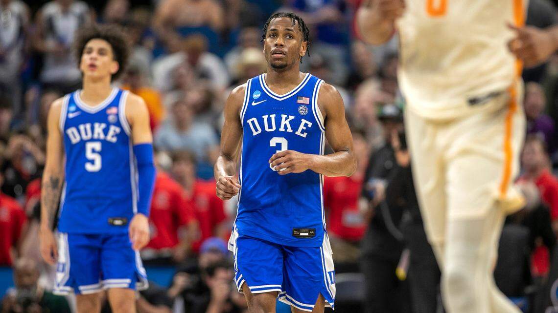 Duke’s Jeremy Roach (3) reacts as time expires and the Blue Devils fall 65-52 to Tennessee in the second round of the NCAA Tournament on Saturday, March 18, 2023 at the Amway Center in Orlando, Fla.