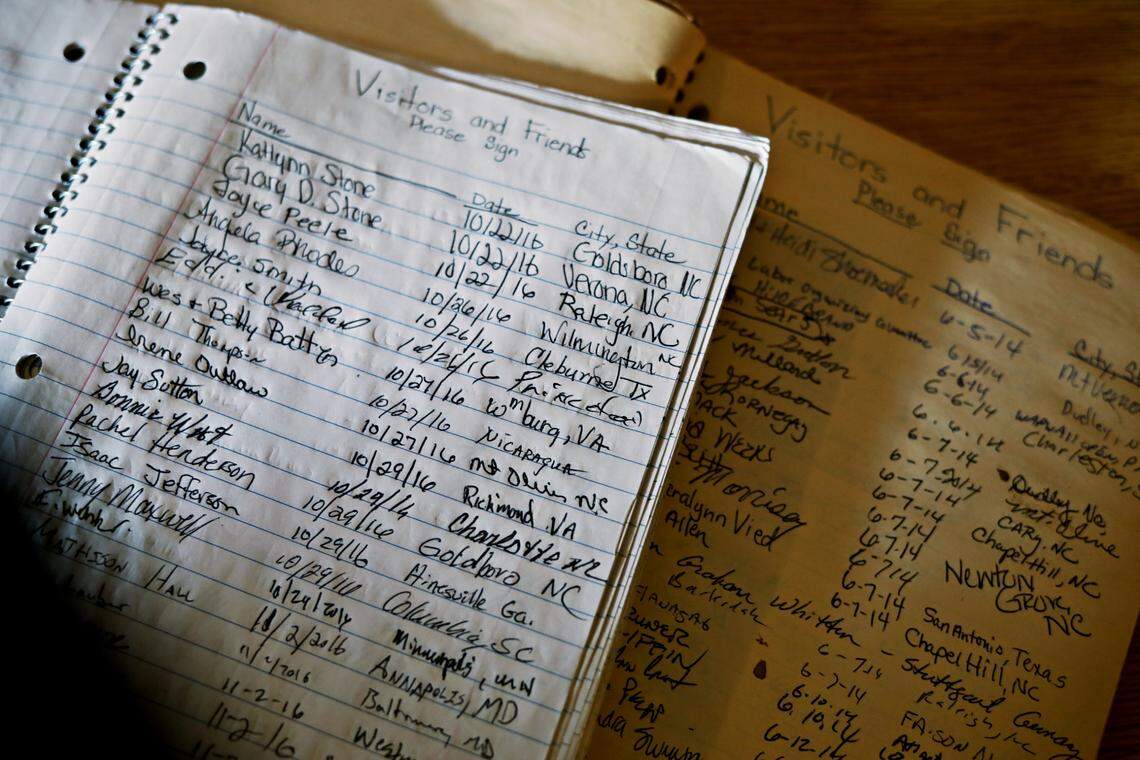 Gerri Grady, who has run GradyÕs Barbecue since 1986 in Dudley, NC, has kept piles of notebooks signed by guests who have visited over the years. Grady is thrilled to point out guests who have visited from across the country or overseas.