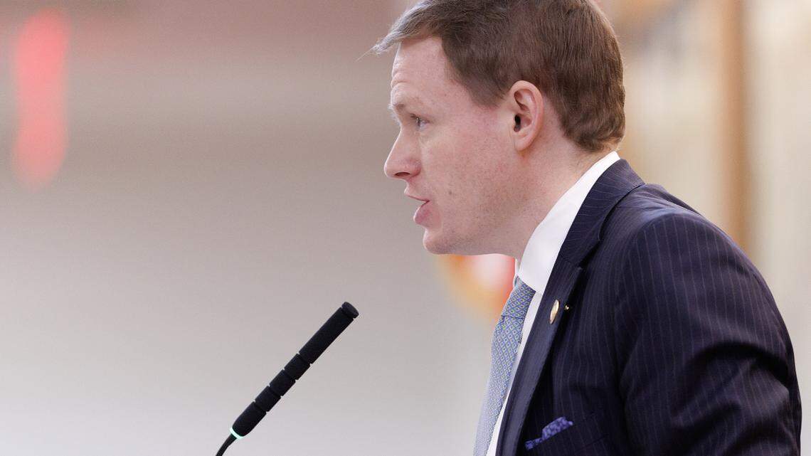 House Speaker Destin Hall presides over the North Carolina House of Representatives session on Tuesday, April 21, 2026, at the Legislative Building in Raleigh, N.C.