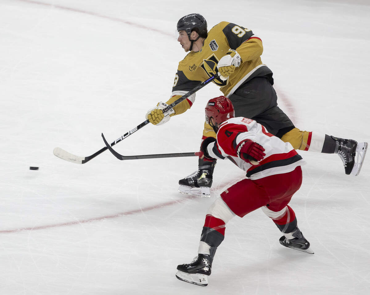 Vegas right wing Mitch Marner (93) shoots and scores to take 4-0 over the Carolina Hurricanes in the second period in Game 3 of the Stanley Cup Final, on Saturday, June 6, 2026 at T-Mobile Arena in Las Vegas, NV.