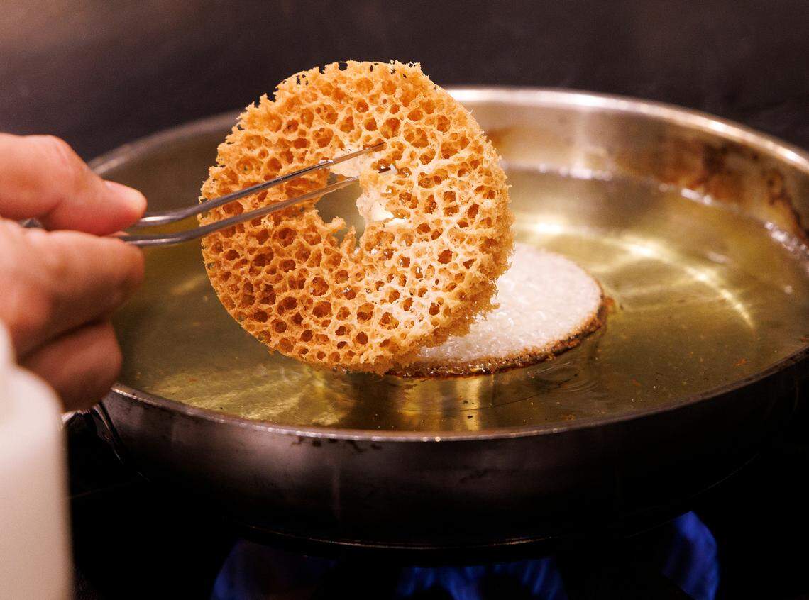 Executive chef Bhavin Chhatwani prepares a “North Meets South” dessert at Tamasha Modern Indian on Wednesday, May 8, 2024, in Raleigh, N.C.