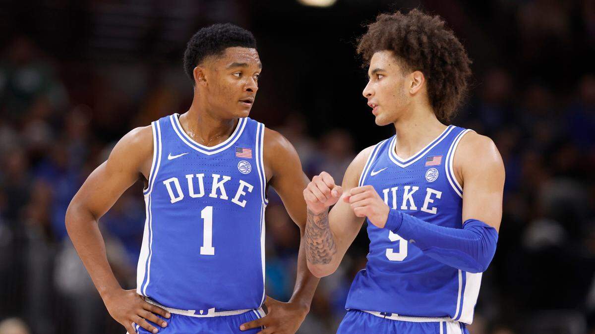 Duke’s Caleb Foster (1) talks with Tyrese Proctor (5) during the first half of Duke’s game against Michigan State in the Champions Classic at the United Center in Chicago, IL, Tuesday, Nov. 14, 2023.