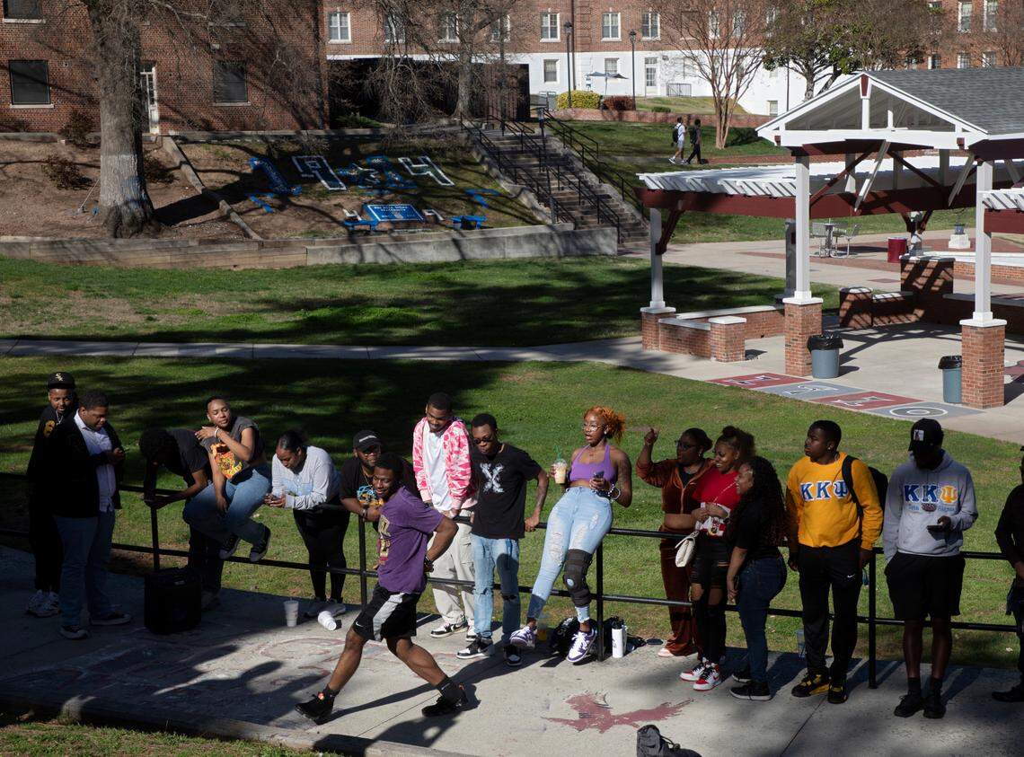 People dance outdoors on the campus of North Carolina Central University on Tuesday, March 12, 2024, in Durham, N.C.