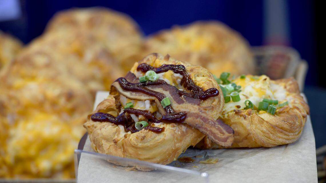 La Farm Bakery’s Pulled Pork Mac & Cheese Danish, one of the new food offerings at the 2023 North Carolina State Fair, displayed during a Media Day tasting on Oct. 9, 2023.