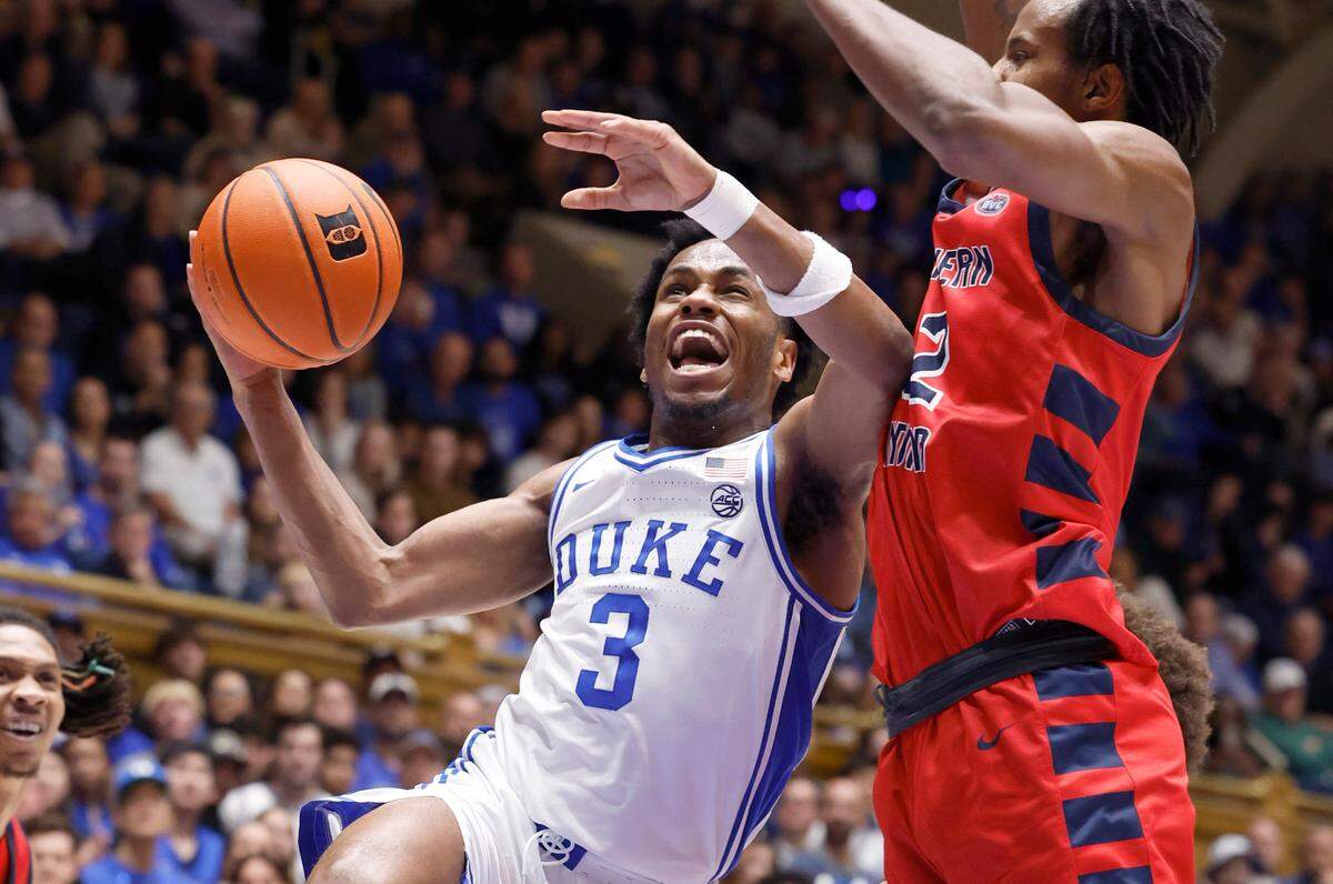 Duke’s Jeremy Roach (3) drives to the basket as Southern Indiana’s Kiyron Powell (52) defends during the second half of Duke’s 80-62 victory over Southern Indiana at Cameron Indoor Stadium in Durham, N.C., Friday, Nov. 24, 2023.