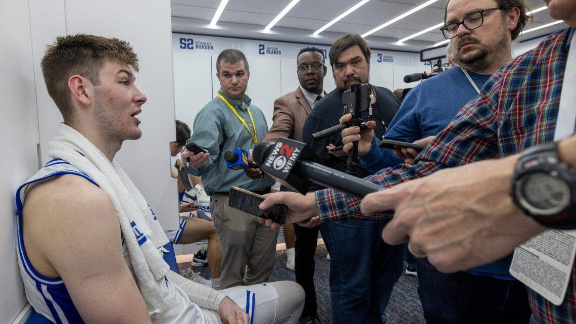 Duke’s Kyle Filipowski (30) fields questions from reporters in the locker room following the Blue Devils’ 84-79 loss to North Carolina on Saturday, March 9, 2024 at Cameron Indoor Stadium in Durham, N.C.