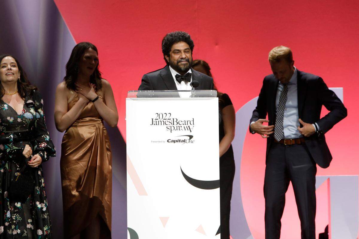 Meherwan Irani, chef and owner of Chai Pani, a restaurant in Asheville, accepts the James Beard Award for Outstanding Restaurant during the 2022 James Beard Restaurant and Chef Awards at Lyric Opera of Chicago on June 13, 2022 in Chicago, Illinois.