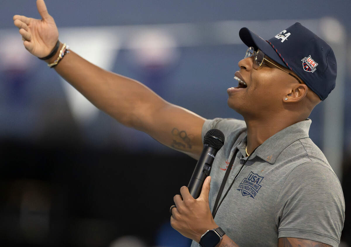 Olympic goal medalist Cullen Jones, an N.C. State graduate, addresses the crowd during a workout by the 2024 United States Olympic Swim Team on Saturday, July 6, 2024 at the Triangle Aquatic Center in Cary, N.C.