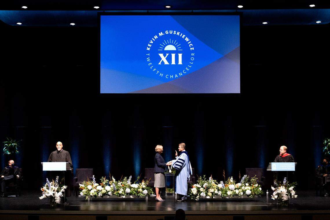 Kevin M. Guskiewicz is installed as the 12th Chancellor of the University of North Carolina at Chapel Hill during a ceremony held at Memorial Hall. October 11, 2020.