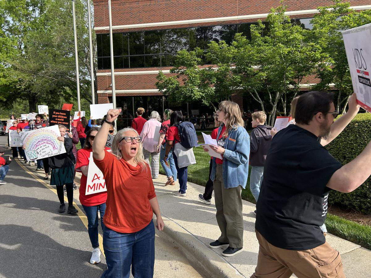 More than 200 picketers urged the Wake County school board to ask commissioners for more than a $25 million increase in school funding during a protest organized by Wake NCAE outside the meeting in Cary, N.C., on April 7, 2026.
