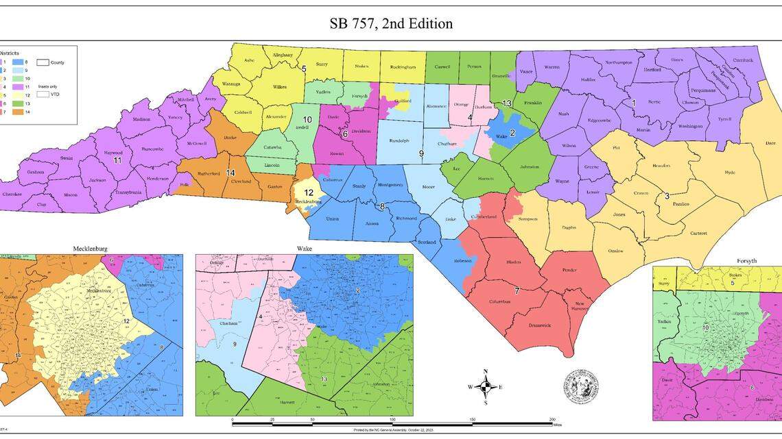 The final congressional map passed by the N.C. General Assembly on Oct. 25, 2023, for use in the 2024 elections.